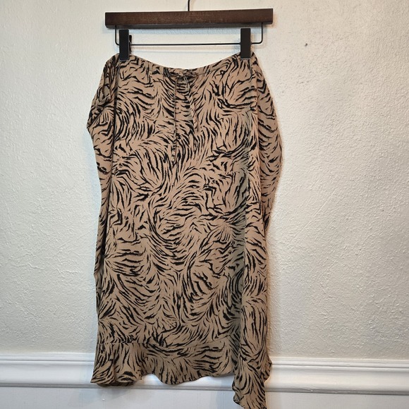 Due per Due Silk‎ Skirt Midi Ruffle Hem Animal Print Drawstring Tan Vtg Size 16 - Picture 1 of 8